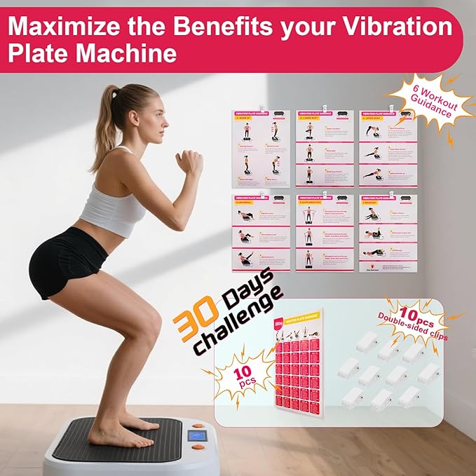 Vibration Plate Exercise Machine Poster - Upgraded 6 Workout Guidance & 10 Pcs Planner & 10 Pcs Double-Sided Clips, Comprehensive Whole Body Wave Vibrating Workout Chart, Pink-Ruum Studio Home
