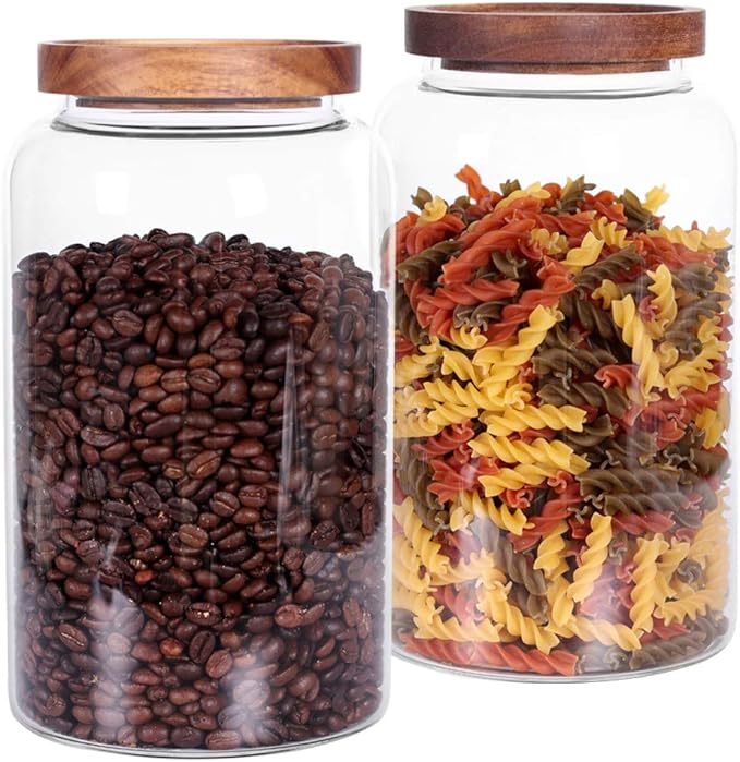 Large Glass Jar with Airtight Lid Set of 2 93 FL OZ(2750ml) glass canister set, Glass Food Containers Wooden Lid Suit for Kitchen Pantry for Flour, Tea, Coffee Beans, Sugar, Cookies(8.8 inch high)-Ruum Studio Home