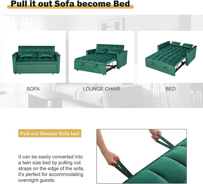 3 in 1 Sleeper Sofa Bed, Futon Sofa Bed for Living Room with Side Pocket, Green Sleepers Sofas Couch with Pullout Beds, Convertible Love Seat Sleepers Couch for Living Room, Bedroom-Ruum Studio Home
