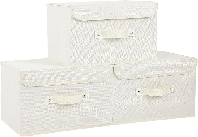 Fabric Storage Bins Cube Organizers with Flip-Top Lid and Handles,Storage Boxes for Organizing Home,Office,and Closet,Beige,3 Pack 13 X 9.1 X 7.9 in-Ruum Studio Home