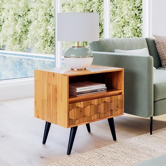 Bme Georgina Solid Wood Nightstand With 1 Drawer & Open Shelf- Fully Assembled Mid Century Modern Side Table - Geometric Pattern Bedside Dresser for Bedroom and Living Room-Ruum Studio Home