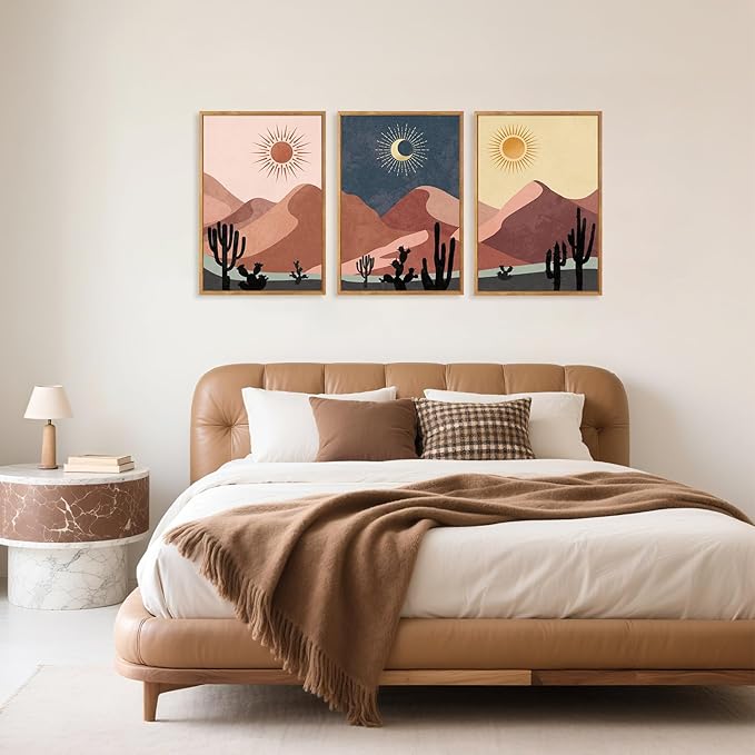 HPNIUB Boho Desert Framed Canvas Wall Art Set, Abstract Sun Moon Art Prints, Modern Cactus Paintings Artwork, Mid Century Southwestern Landscape Wall Decor for Living Room, Bedroom, Office-16 x24 x3-Ruum Studio Home