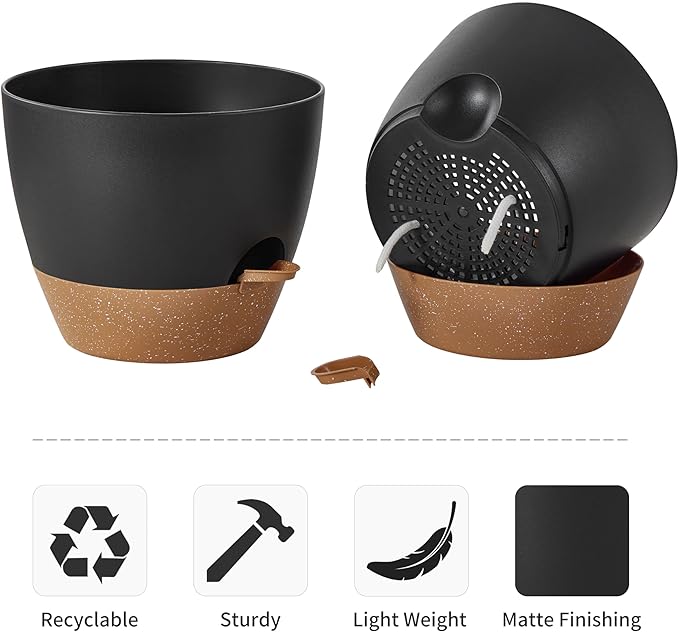 FaithLand 3-Pack Large Planter Pots, 12 10 9 Inch Self Watering Flower Pots for Indoor Outdoor Garden Plants, Black with Brown-Ruum Studio Home