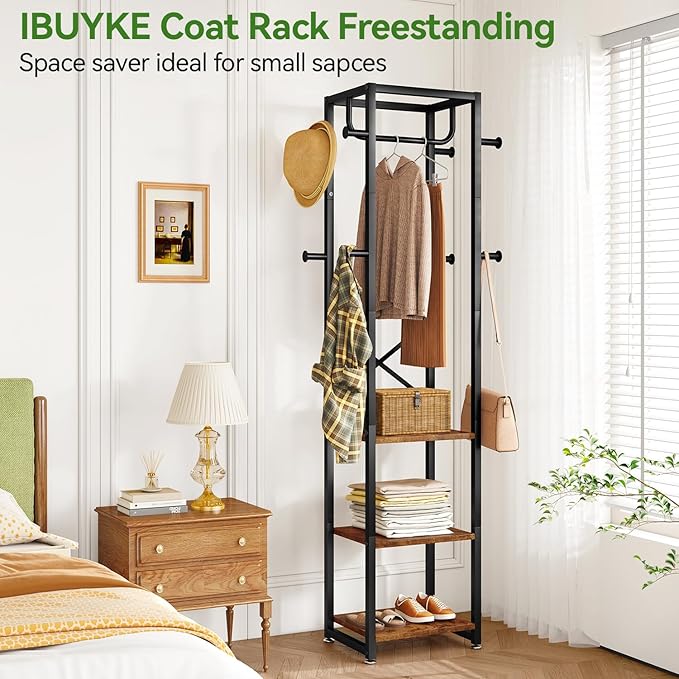 IBUYKE Coat Rack with Shelves, Freestanding Hall Tree with 3 Shelves and 8 Hooks, Industrial Clothes Stand for Entryway, Hallway, Bedroom, Rustic Brown UTMJ088H-Ruum Studio Home