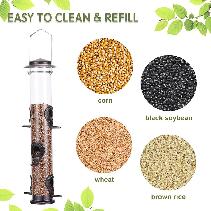 MIXXIDEA 2PK Metal Wild Bird Feeder Squirrel Proof Bird Feeders for Outside Hanging 6 Port Tube Bird Feeder Transparent Finch Feeder with Steel Hanger (Coffee)-Ruum Studio Home