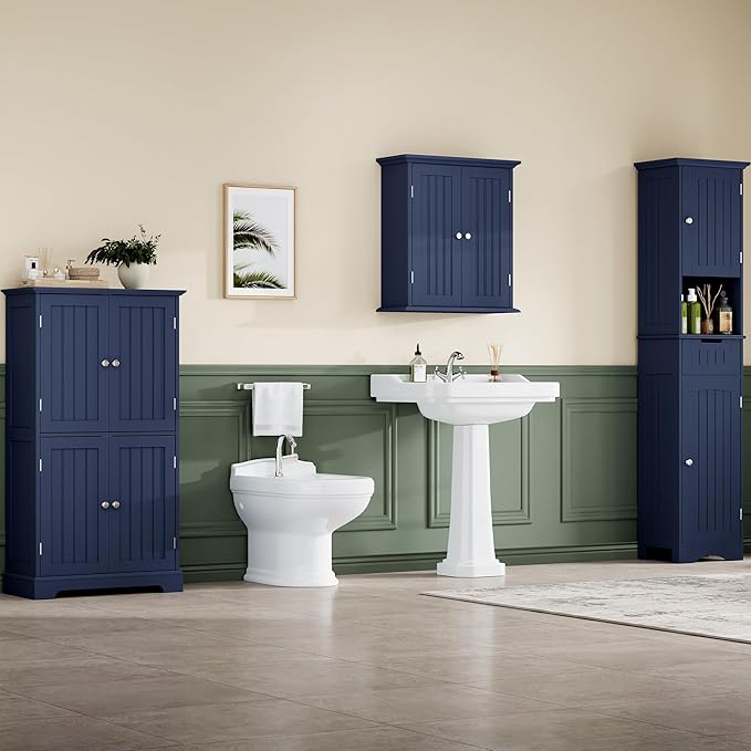 ChooChoo Bathroom Floor Cabinet, Modern Bathroom Storage Cabinet with 4 Doors and Adjustable Shelves, Freestanding Cupboard for Living Room, Navy Blue-Ruum Studio Home