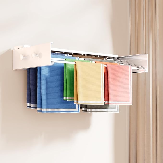 Wall Mounted Drying Rack with 4 Hooks and Shelf, Foldable Clothes Drying Rack for Laundry Room, Collapsible Laundry Rack Wall Mount, for Indoor Outdoor Hanging Clothes, 23.6 Inch-Ruum Studio Home