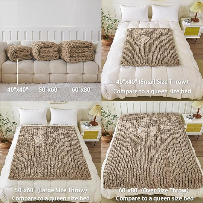 WESHIONGOO Chunky Knit Blanket Throw 50"×60" Knitted Throw Blankets for Couch Bed Fluffy Soft Blanket with Jumbo Chenille Yarn Thick 100% Handmade (Brown)-Ruum Studio Home
