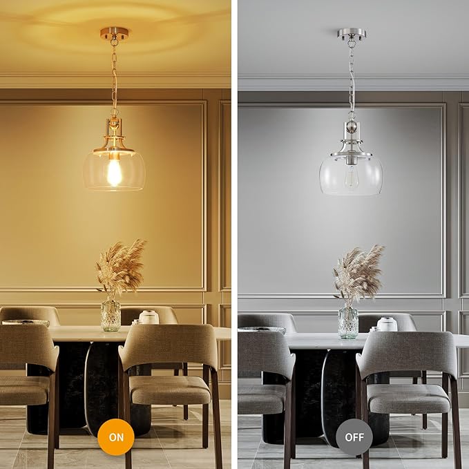 WUZUPS Chandelier Rustic Farmhouse Industrial Round Ceiling Pendant LED Light Fixture with Clear Glass Shades for Dining Room Kitchen Island Foyer Entryway, H 13" x W 10", E26 Base, Brushed Nickel-Ruum Studio Home