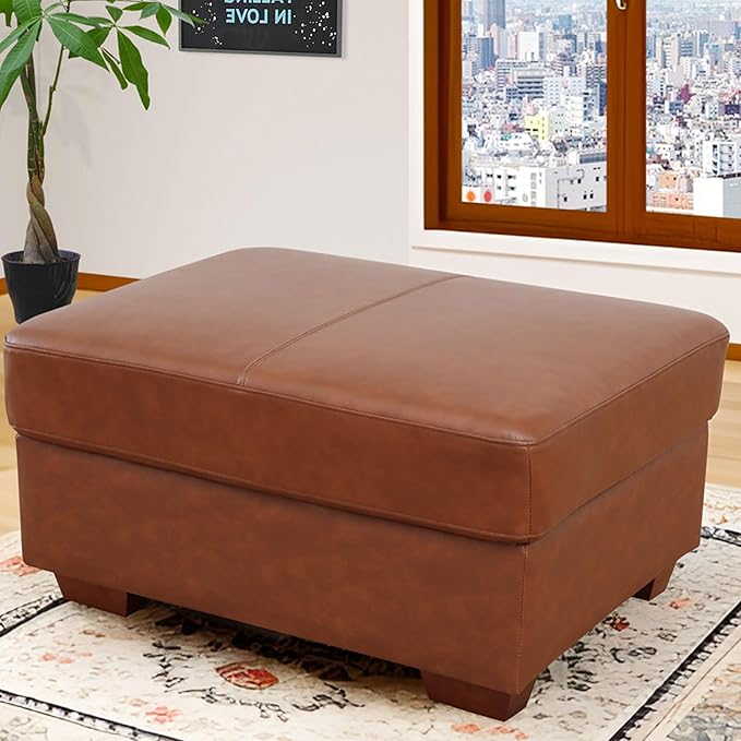 Ottoman Rectangular Storage Ottoman Bench, Genuine Cow Leather Footrest, Coffee Table, Stool Footstool with Hinged Lid for Living Room, Bedroom, Entryway, Brown, 36.5"x28"x18.5"-Ruum Studio Home