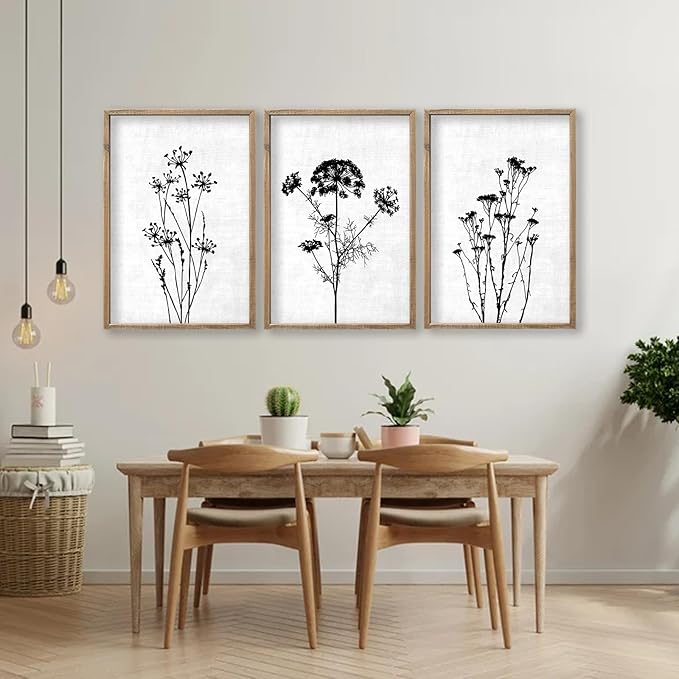 Flower Plant Wall Art Decor 16"x11" Set of 3 Black And White Botanical Painting Wood Framed For Minimalist Bedroom Office Rustic Living Room Abstract Wildflower Sign Hanging (Wood White)-Ruum Studio Home