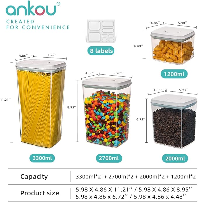 Ankou Food Storage Containers Pop Airtight Food Storage Containers with Lids for Kitchen Pantry Organizing Cereal Snack Flour Sugar Coffee Spaghetti Stackable - 8 Pcs (1.2, 2.0, 2.7, 3.3qt)*2-Ruum Studio Home