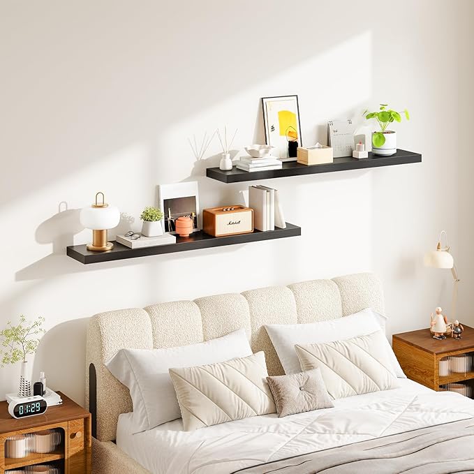 HOOBRO Floating Shelves for Wall, Wall Mounted Shelf Set of 2, 47.2" Hanging Shelf with Invisible Brackets, for Wall in Bathroom, Bedroom, Toilet, Kitchen, Living Room, Office, Black BK120BJP201-Ruum Studio Home