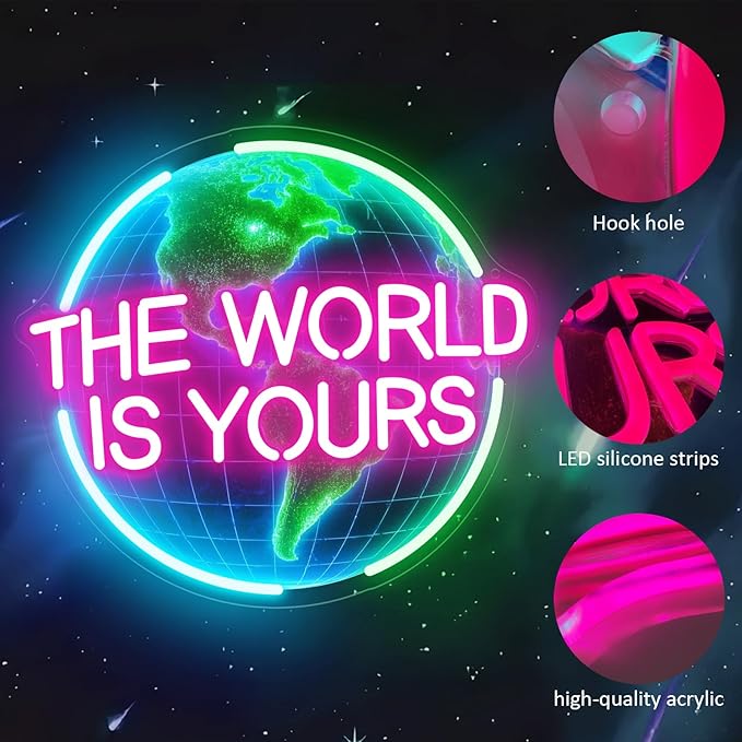 The World Is Yours Neon Sign for Wall Decor, Earth Neon Light with Dimmer, for Man Cave Boy Room Decor, Gift for Man Boyfriend, Decoration USB Powered with Switch-Ruum Studio Home