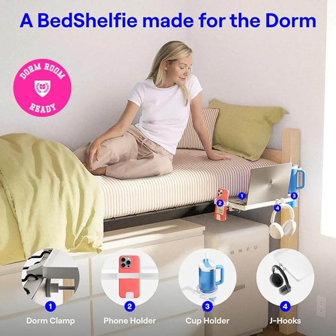 BedShelfie Bedside Shelf for Dorm Room Bunk Bed & Top Bunk, College Dorm Room Essentials, Bedside Caddy, Clip on Floating Tray, Bed Side Table Storage, Loft Nightstand Decor - Dorm Essential, White-Ruum Studio Home