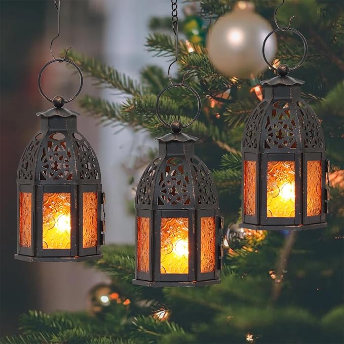NEEDOMO Set of 4 Moroccan Candle Lantern, 9" Ramadan Lanterns Decorative Indoor Outdoor, Vintage Candle Holder for Chritsmas, Halloween, Table, Patio, Porch, Shelf, Ramadan Decorations (Amber)-Ruum Studio Home