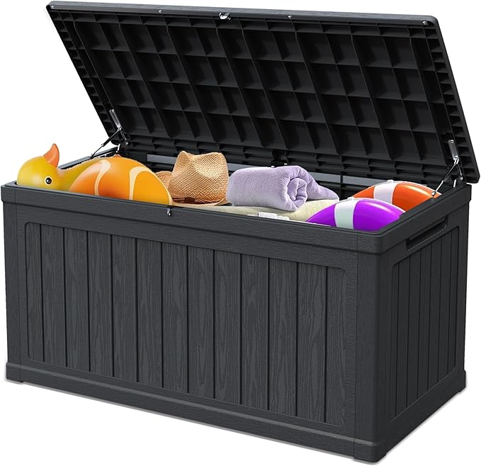 260 Gallon Double-Wall Resin Deck Box - Lockable Waterproof Outdoor Storage Box, 1000lbs Capacity & Doubles as Seating for Patio Furniture - Garden Tools, Pool Accessories (Black)-Ruum Studio Home