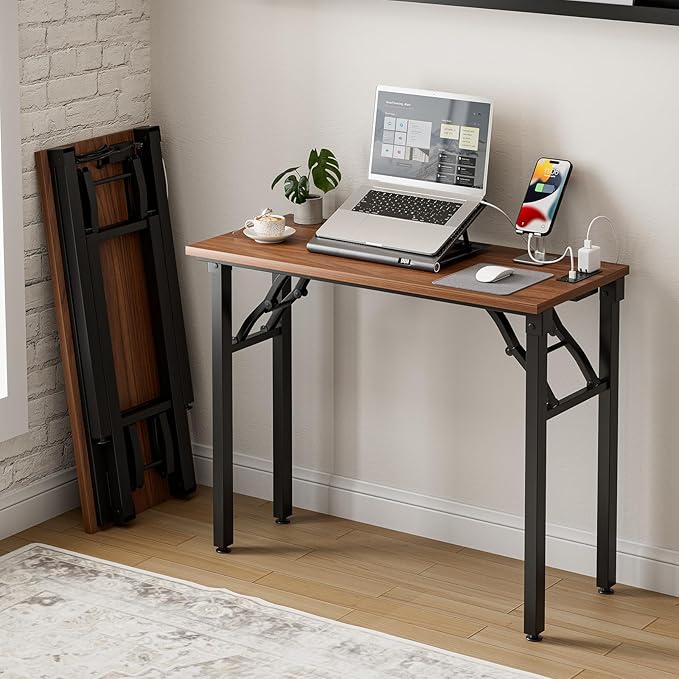 Frylr Small Folding Computer Desk – 35.8 Inch Portable Table for Craft and Study, Lightweight Desk for Small Spaces, Foldable Laptop Table Built-in AC/USB Outlets for Convenience, Dark Walnut-Ruum Studio Home