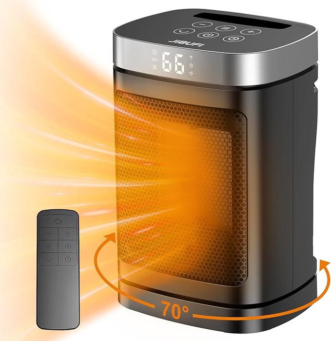 Small Portable Space Heater for Indoor Use - with 70°Rotating Feature, JIBUFI 1500W PTC Electric Heater, Rapid and Safe Heating, Remote Control, 1-12 Hr Timer for Bedroom, Office-Ruum Studio Home
