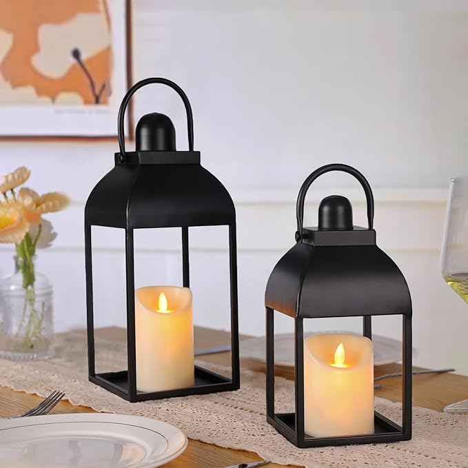 Lanterns Decorative Indoor Outdoor 15" 11" Set of 2 Lantern Decor Black Metal Candle Lanterns with Flameless Candles, Outdoor Lanterns for Porch Patio Wedding Mantle Home Decor-Ruum Studio Home