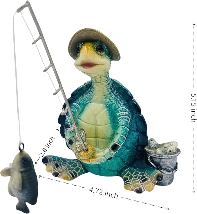 Turtle Fishing Decor, Summer Garden Statues, Nautical Coastal Beach Decorations, Home Office Decor Gifts, Bookshelf Desk Bathroom Tabletop Statue Ornament (Turtle Fishing)-Ruum Studio Home