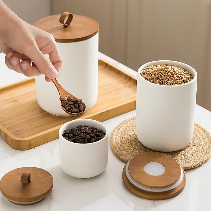 White Ceramic Canister Set with Wooden Lid, 3-Piece Food Storage Jars for Kitchen Counter, Storage Container for Coffee, Tea, Spice, Sugar, Grains, Salt-Ruum Studio Home