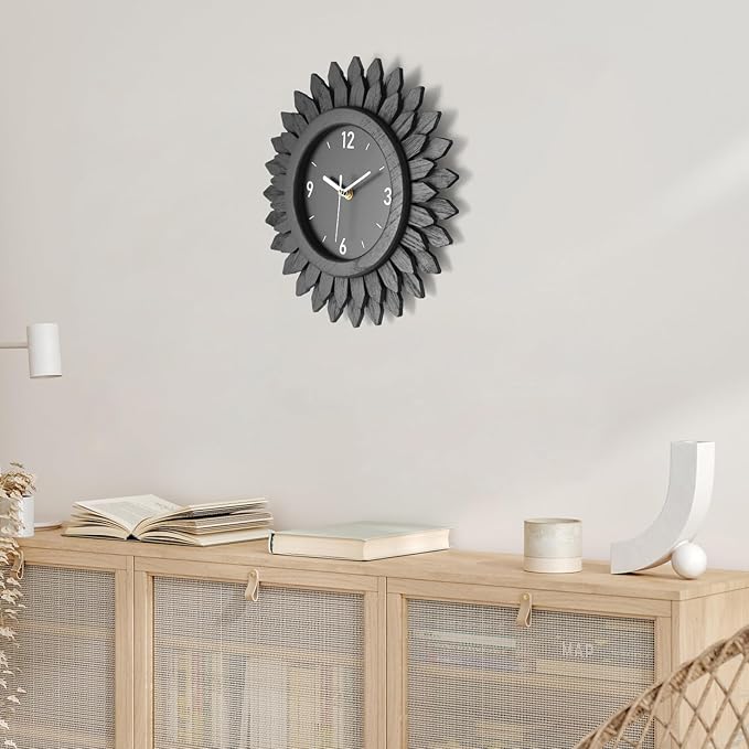 Honiway Wall Clock Battery Operated 12 Inch Rustic Wooden Boho Sunburst Decorative Wall Clock Silent Non-Ticking Black Wall Decor Clocks for Living Room Kitchen Bathroom Bedroom (Black)-Ruum Studio Home