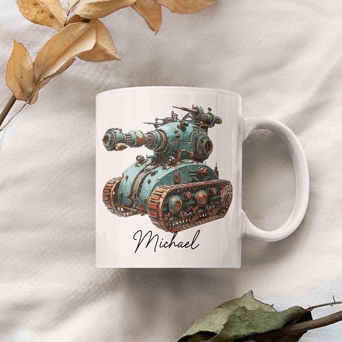 Personalized Unique Steampunk Tank Design Mug, Custom Mechanical Tank Art Coffee Cup 11oz, White Mug Gift For Mechanic Enthusiasts, Custom Name Ceramic Cup 11oz Or 15oz, Kids Mug-Ruum Studio Home