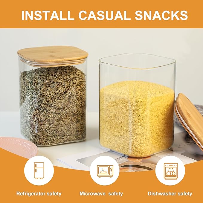 Glass Food Storage Jars 150 Set of 2,Glass Storage Containers Clear Glass Food Canister with Bamboo Lid Airtight For Serving Tea, Coffee, Flour, Sugar, Candy, Cookie, Spice and More (Square)-Ruum Studio Home