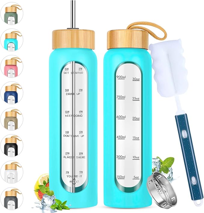 32 oz Glass Water Bottle with Straw - Motivational Time Marker & Silicone Sleeve - Reusable Tumbler Includes 2 Bamboo Lids & Fruit Infuser - 1 Pack-Ruum Studio Home