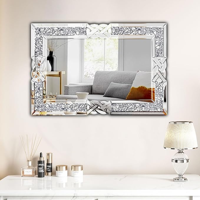 Crushed Diamond Decorative Wall Mirrors, 24x36 Inch Rectangle Living Room Mirrors for Wall Decor, Modern Glam Bathroom Dining Room Entryway Mirror Silver-Ruum Studio Home