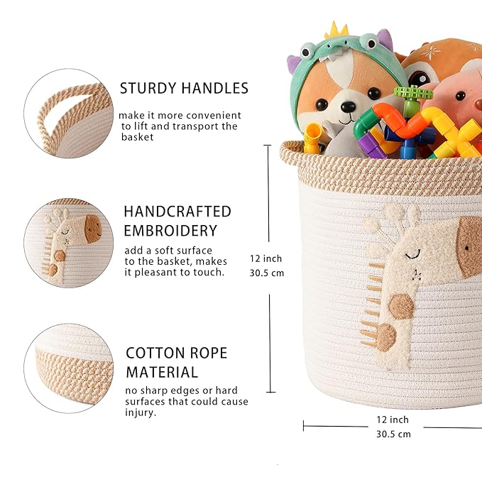 INough Toy Storage Baskets Woven Cotton Rope Storage Basket for Kids, Blanket Baskets for Living Room Toys Organizer with Embroidery Decor, Cute Baskets with Handle for Nursery, Playroom (Giraffe)-Ruum Studio Home