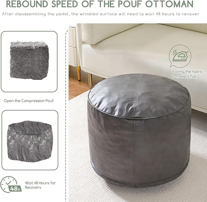 HIGOGOGO Round Stuffed Pouf Ottoman, Pu Leather Poufs with Foam Chunk Filling Foot Stool Storage Ottoman, 26 X 18 Floor Poufs Foot Rest for Living Room, Grey-Ruum Studio Home