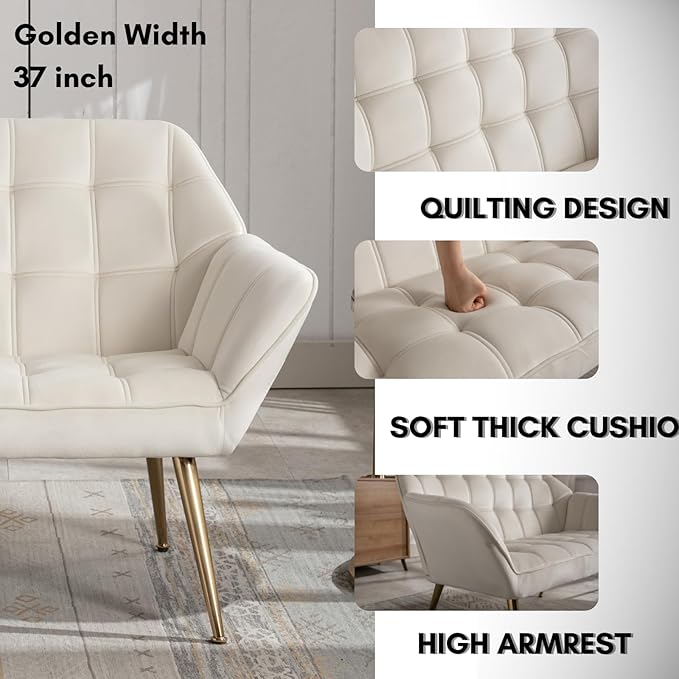 48”Small Loveseat Sofa, Modern Velvet Upholstered Mini Couch 2-Seater Fluffy Love Seat with Quilting Backs and Metal Legs for Small Space Living Room, Bedroom, Beige-Ruum Studio Home