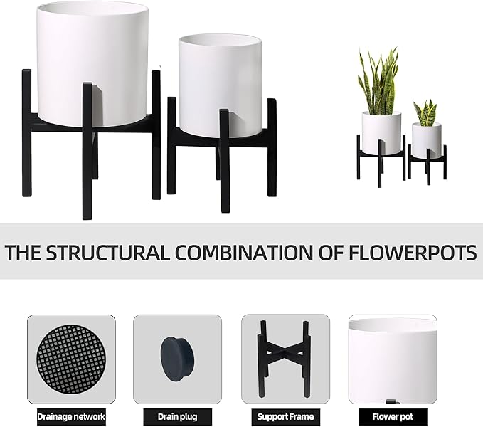 Plant Pot with Stands Set of 2, Mid Century Planters for Indoor Plants Modern Decorative Flower Pots for Balcony, Office, Living Room or Garden with Drainage Plug, 12 inch & 10 inch-Ruum Studio Home