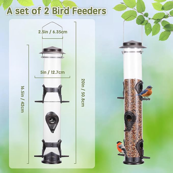 MIXXIDEA 2PK Metal Wild Bird Feeder Squirrel Proof Bird Feeders for Outside Hanging 6 Port Tube Bird Feeder Transparent Finch Feeder with Steel Hanger (Coffee)-Ruum Studio Home