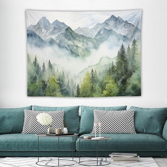 HZOHNAGO Mountain Tapestry Misty Green Forest Mountain Pattern Printed Wall Tapestry Wall Hanging for Bedroom Living Room Dorm 80" W x 60" H-Ruum Studio Home