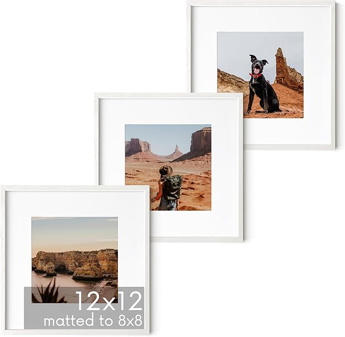 HAUS AND HUES Solid Oak Wood 12”x12” Picture Frames Matted to 8”x8” Set of 3 - Square White Frames 12x12, White Frame with Mat, 12 x 12 Frames, Square Picture Frame 12x12, White Wood Frame-Ruum Studio Home
