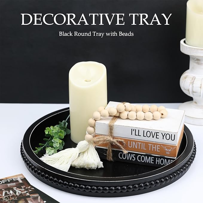 Round Black Wood Serving Tray with Beads, Wooden Decorative Tray for Entertaining, Decoration, and Gifting,-Ruum Studio Home