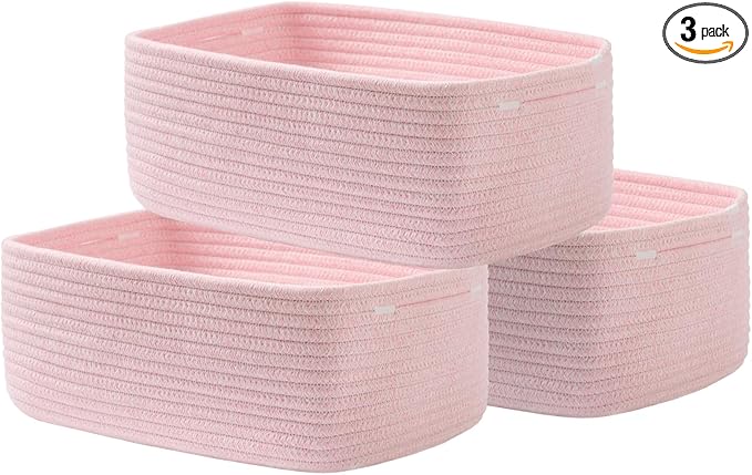 KALLAX Small Woven Basket, 13.5 x 9.5 x 5 Inches, Storage Basket for Organizing, Cute Small Rope Shelf Closet Cube Storage Bins Baskets for Shelves, Dog Toy Gift Baskets Empty, 3 Pack Light Pink-Ruum Studio Home