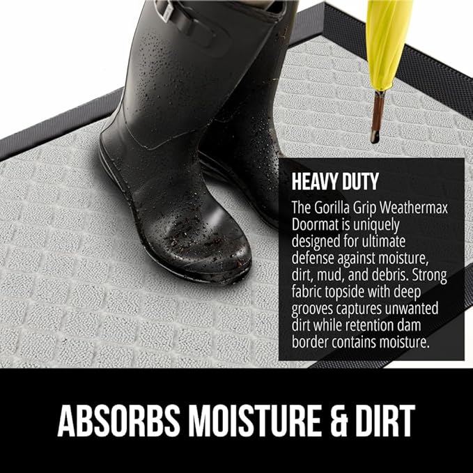 GORILLA GRIP 100% Waterproof All-Season WeatherMax Doormat US Designed Natural Rubber, Stain and Fade Resistant, Low Profile Indoor Outdoor Door Mats, Easy Clean Patio Mat, 23x35, Light Gray-Ruum Studio Home