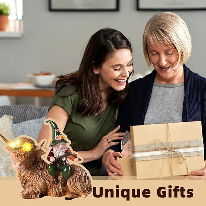 Solar Highland Cow Figurines for Garden with Gnome Playing The Violin 6.7" Resin Garden Gnomes Outdoor Patio Yard Lawn Porch Decor Birthday Housewarming Gifts for Women Mom Grandma Wife Sister Friend-Ruum Studio Home