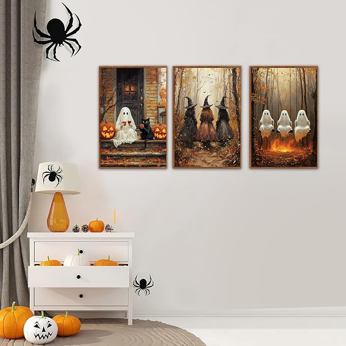 HLNIUC Framed Halloween Canvas Wall Art,Dark Witch Crow Raven Prints,Black Cat Decor,Horror Gothic Ghost Pictures Set of 3 (16"X24") Scary Pumpkin Wall Decor for Party Living Room Bedroom Decoration-Ruum Studio Home