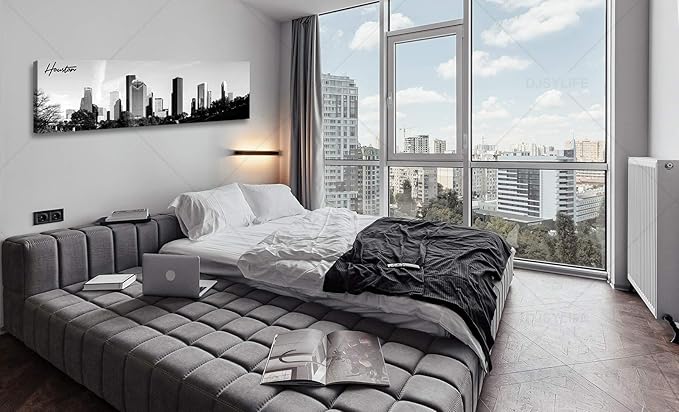 Black and White Wall Art Houston Skyline Canvas Print Picture Panoramic Cityscape Poster Decoration for Bedroom Office Home Decor Framed and Ready to Hang, 13.8"x47.3"-Ruum Studio Home