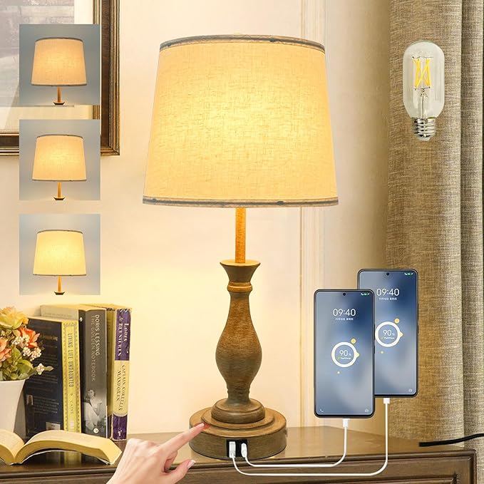 Farmhouse Table Lamp Touch Control 3-Way Dimmable Table Lamp, Modern Nightstand Lamp with 2 USB Port Bedside Desk Lamp with Fabric Shade for Living Room (Pack 1-Beige Shade & Touch)-Ruum Studio Home