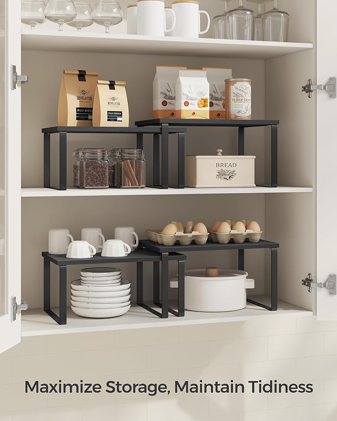 SONGMICS Cabinet Organizer Shelf, Set of 2 Kitchen Counter Shelves, Kitchen Storage, Spice Rack, Stackable, Expandable, Metal and Engineered Wood, Ink Black and Charcoal Black UKCS02B01-Ruum Studio Home