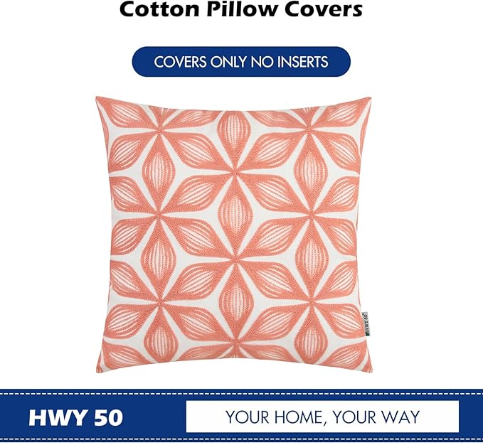 HWY 50 Coral Pink Decorative Throw Pillow Covers 18x18 Inch (1 Piece), Embroidered Cotton Farmhouse Cushion Cover Pillow Case for Sofa Couch Living Room Bed, Fashion Geometric-Ruum Studio Home