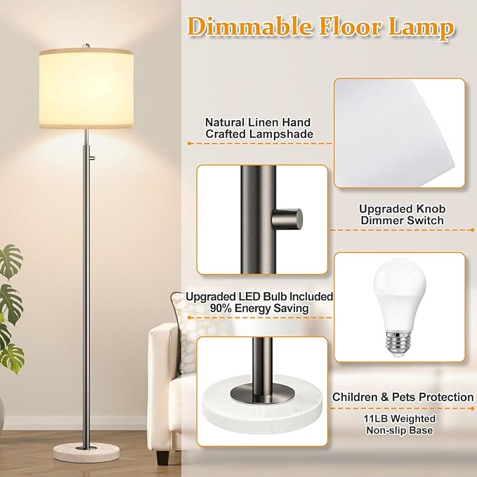 【Upgraded】 Dimmable Floor Lamp for Living Room, 11W LED Bulb Included, Modern Standing Lamp with Marble Base, Tall Pole Light with Linen Shade for Bedroom Reading Office Corner Nursery-Brushed Nickel-Ruum Studio Home