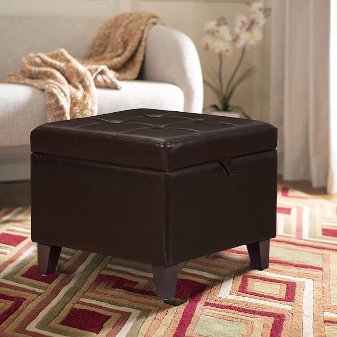 Adeco 15.2" Modern Brown Faux Leather Storage Ottoman with Tufted Flip Top for Living Room, Tufted Accents Rectangular Bench for Foot Rest-Ruum Studio Home