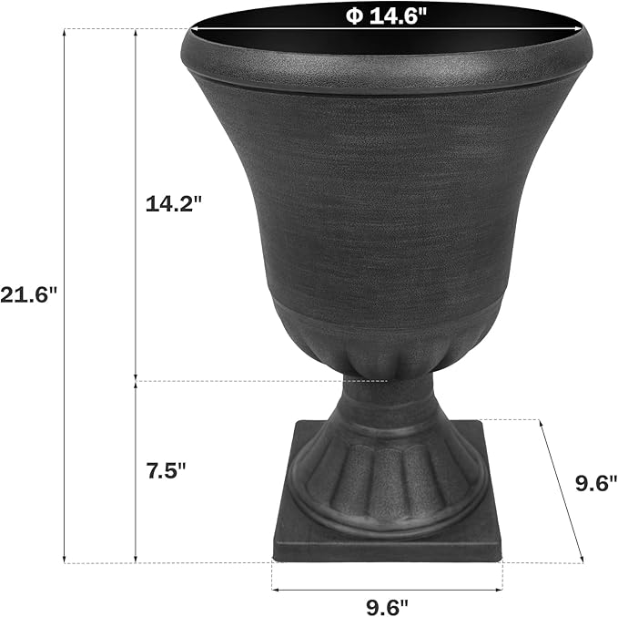 Worth Garden 2-Pack Plastic Urn Planters for Outdoor Plants, 22'' Black Tall Round Classic Resin Traditional Flower Pots - 15 in. Dia. Large Imitation Stone Decorative Pot Patio Deck Front Porch-Ruum Studio Home